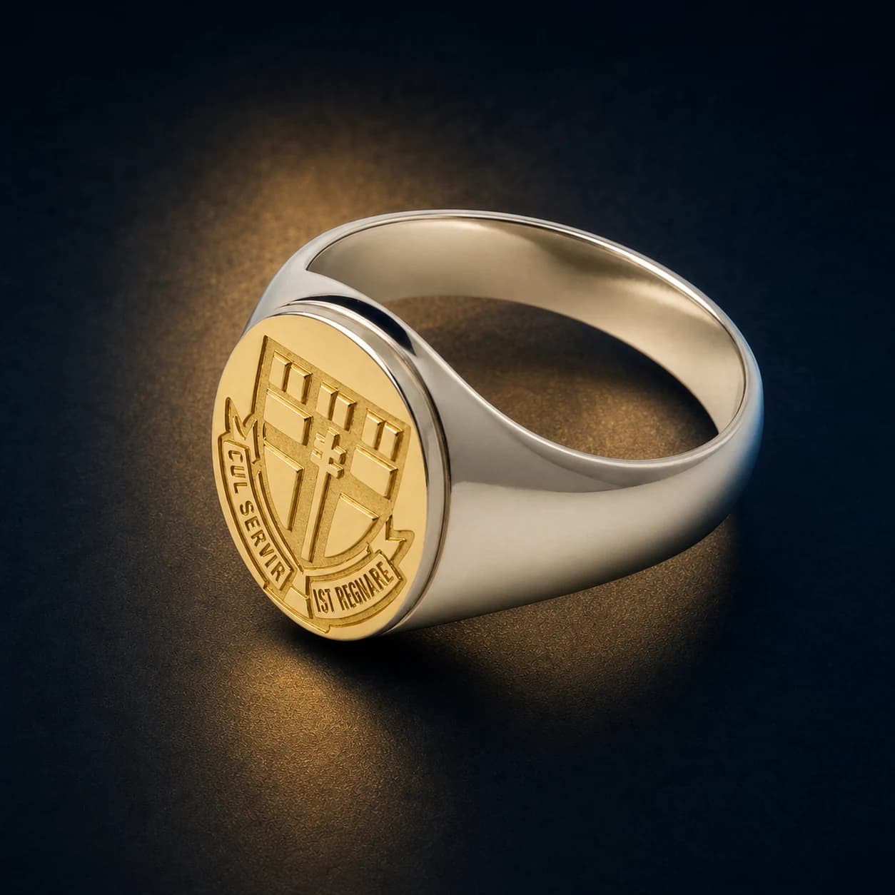 Men's Gold & Silver Ring with an engraved school crest